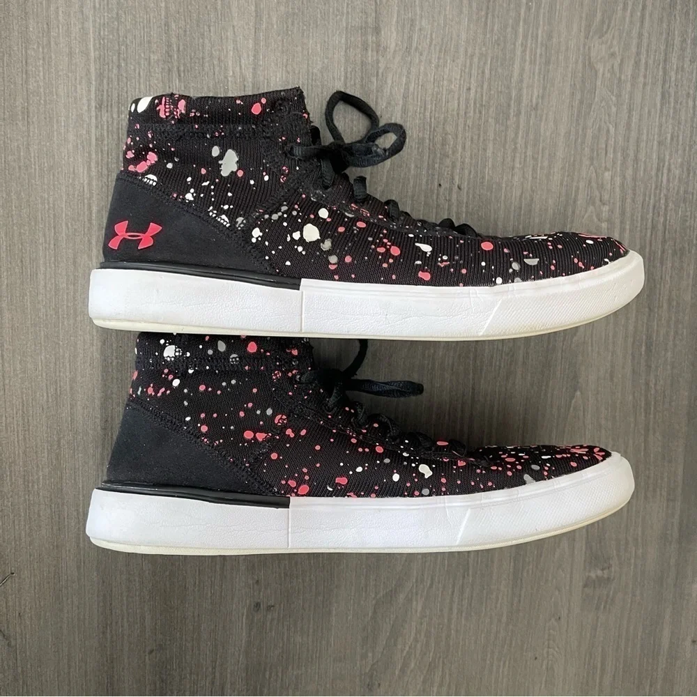 Under Armour girls high top sneakers shoes black pink white size 7Y